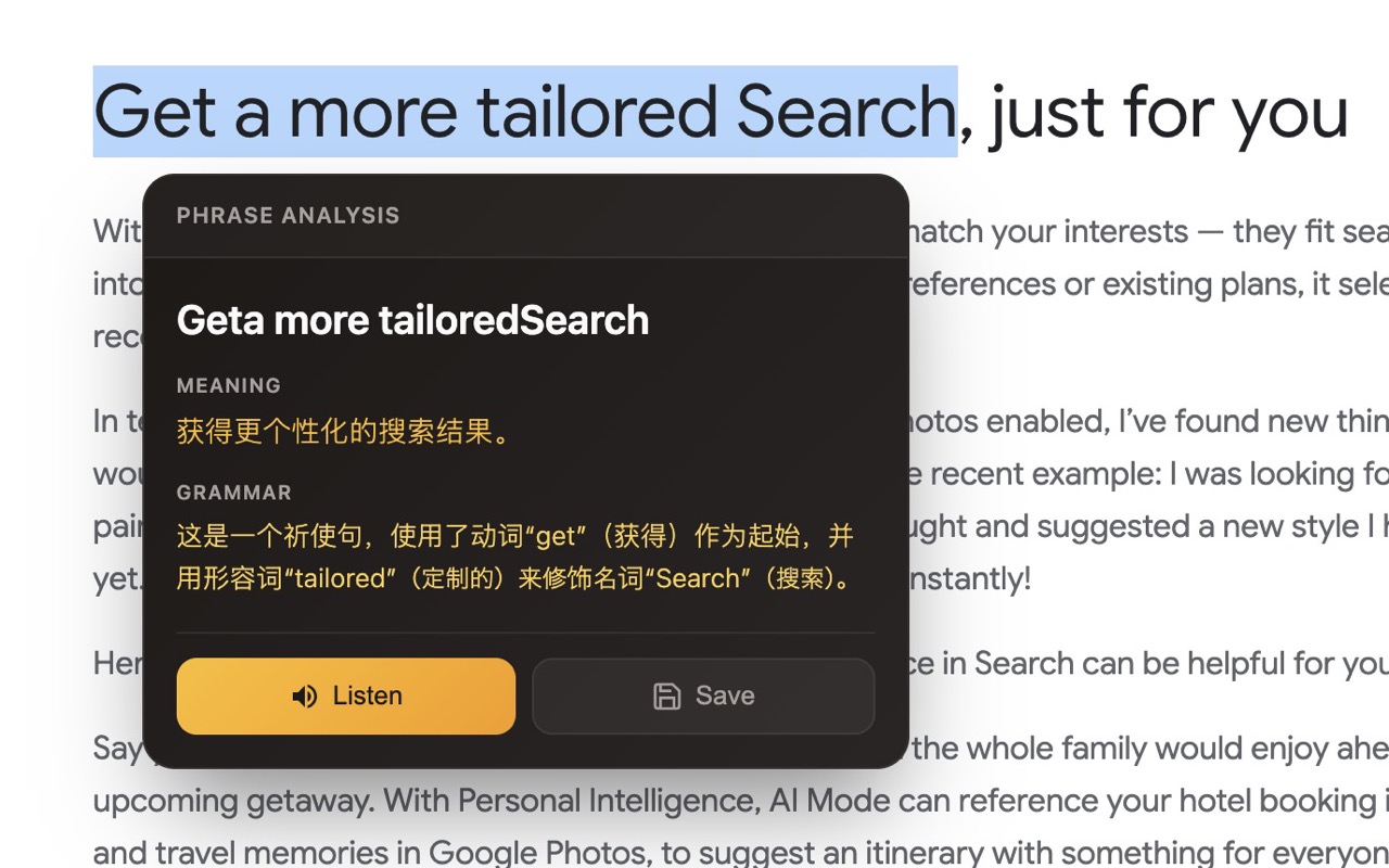 LingoContext popup translating an English phrase into Chinese with grammar notes