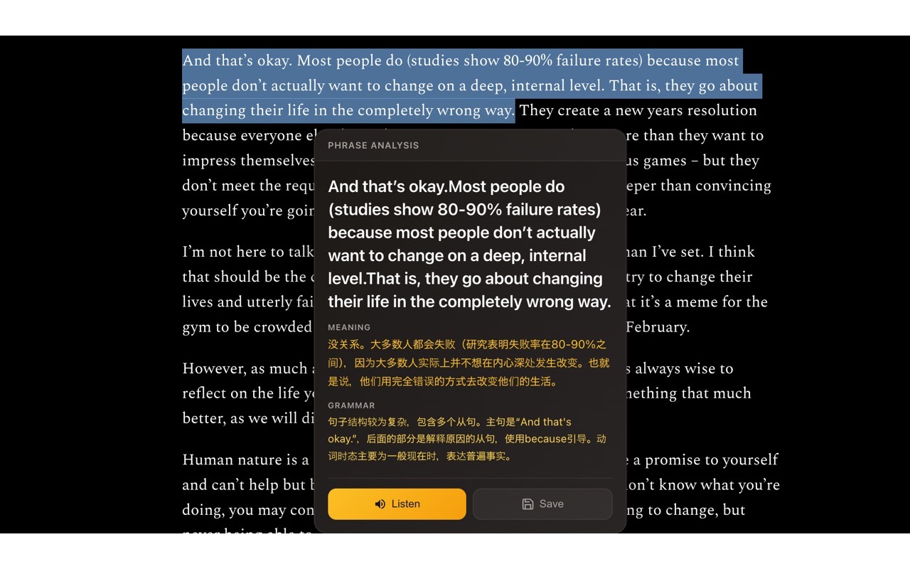 A long passage selected on a webpage, with LingoContext providing a contextual Chinese summary and grammar explanation