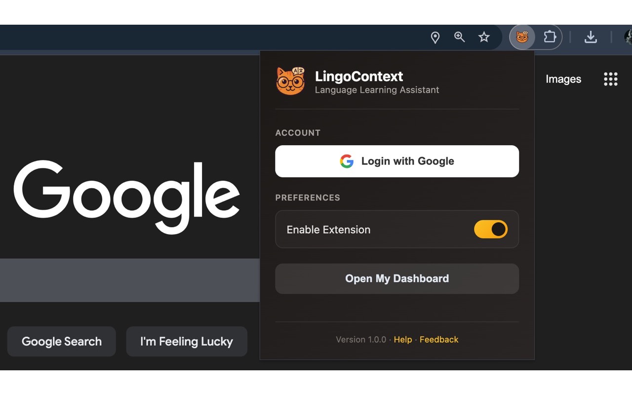 The LingoContext browser-action popup showing the Google login, an enable toggle, and a button to open the dashboard